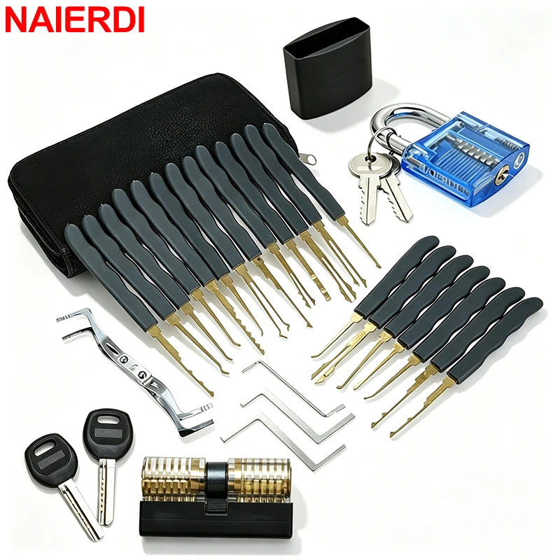 NAIERDI 15-24PCS Training Tools Kit with Transparent Practice Padlock Stainless Steel Lock Maintenance Tools Set Hook Tools