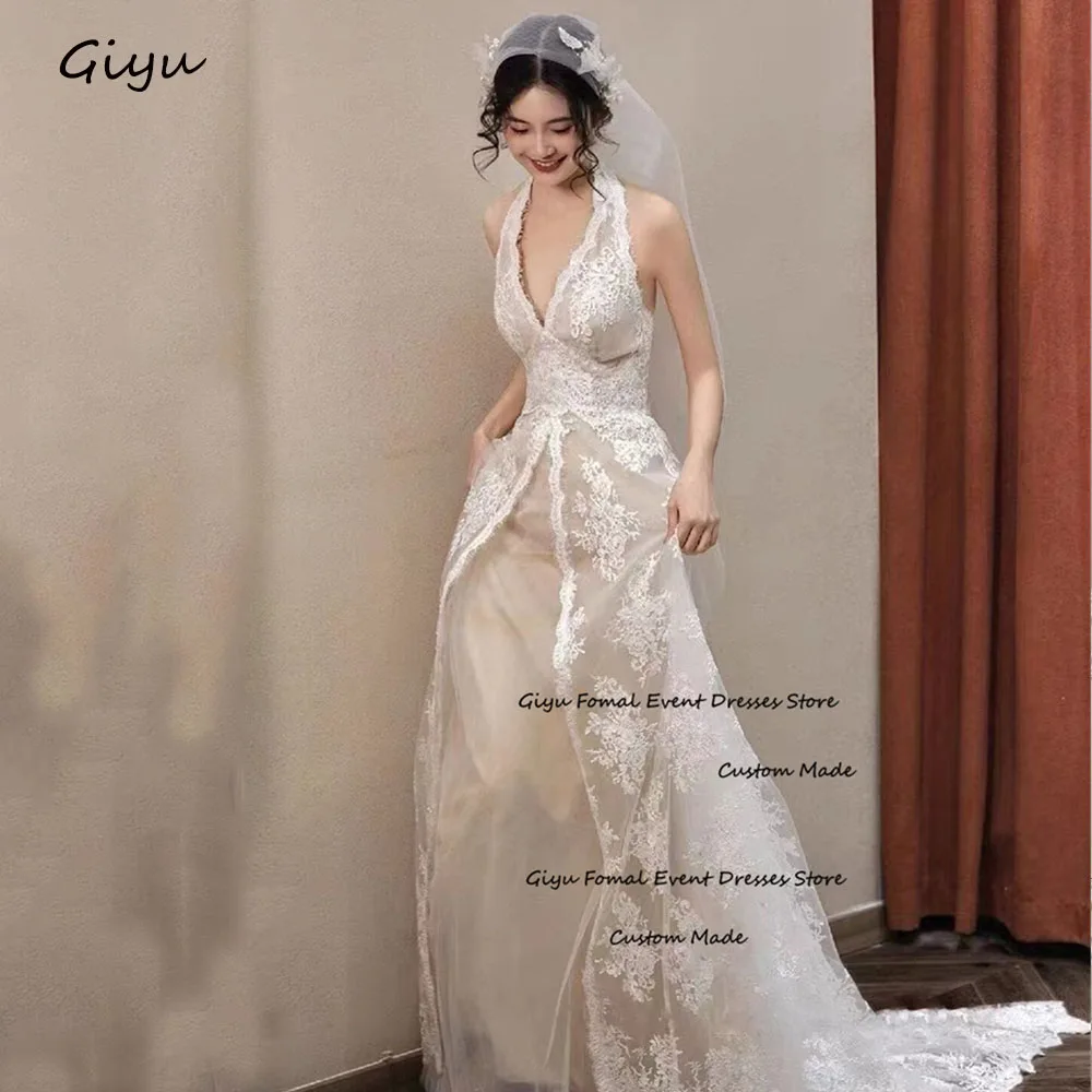 

Giyu Fairy Lace Followers Korea Wedding Dress Photoshoot Deep V-Neck Floor-length Vestidos Novias Boda 웨딩드레스 Bridal Gown
