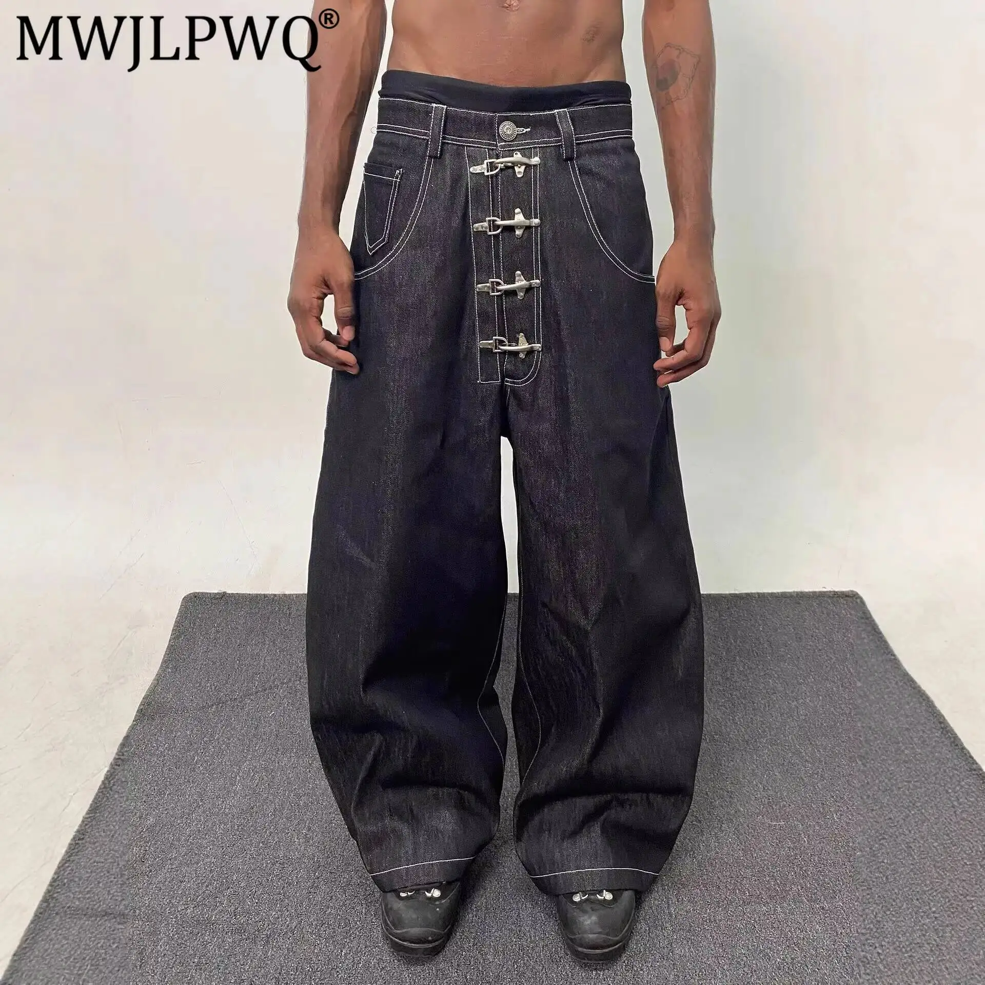 MWJLPWQ Buckle Design Streetwear Design Cowhide Jeans Male American Silhouette Baggy Machete Wide Leg Pants 2026 Autumn 11977