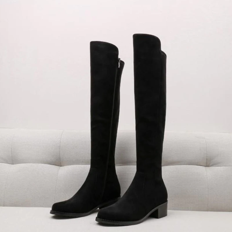 

​Petite Women's 2025 New Spring Autumn Over The Knee High Top Boots Side Zipper Irregular Chunky Heel Black Versatile​