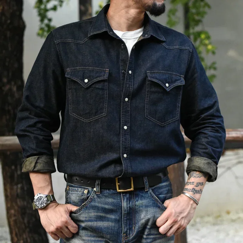 Sauce Zhan Mens Shirt Jeans Shirt Vintage Cotton and Linen Western Cowboy Shirt Long Sleeve Denim Double Pockets
