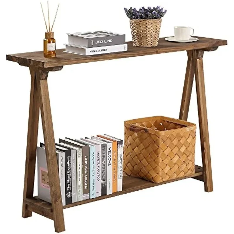 Farmhouse Console Table, Solid Wood 2-Tier Sofa Table, Rustic Entryway Table for Hallway, Entryway, Living Room, Natural