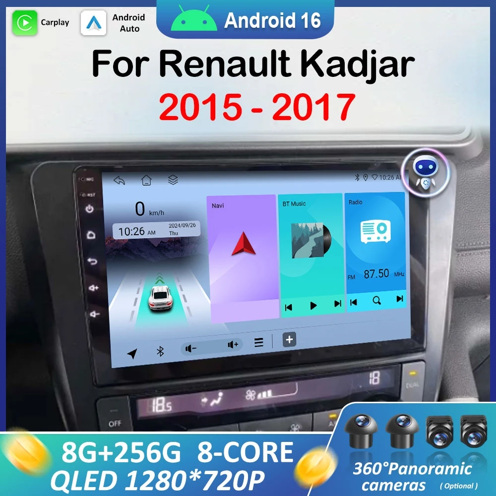

9-дюймовый Android 16 мультимедийный проигрыватель для Renault Kadjar 2015-2017, автомобильная магнитола с беспроводным CarPlay, GPS-навигацией, DSP и 4G, головное устройство