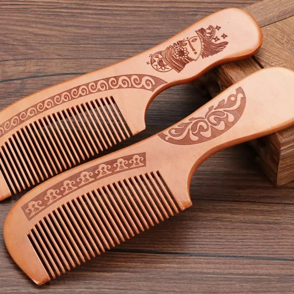 Peach Wood Peach Wood Hair Comb Anti-Static Close Teeth Peach Wood Comb Retro Carve Designs Natural Solid Wood Comb