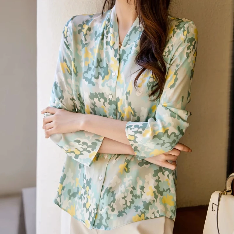 

New arrived deep-V neck women blouses Fashion printed ladies shirts 2025 Spring Summer Button-Down Tops