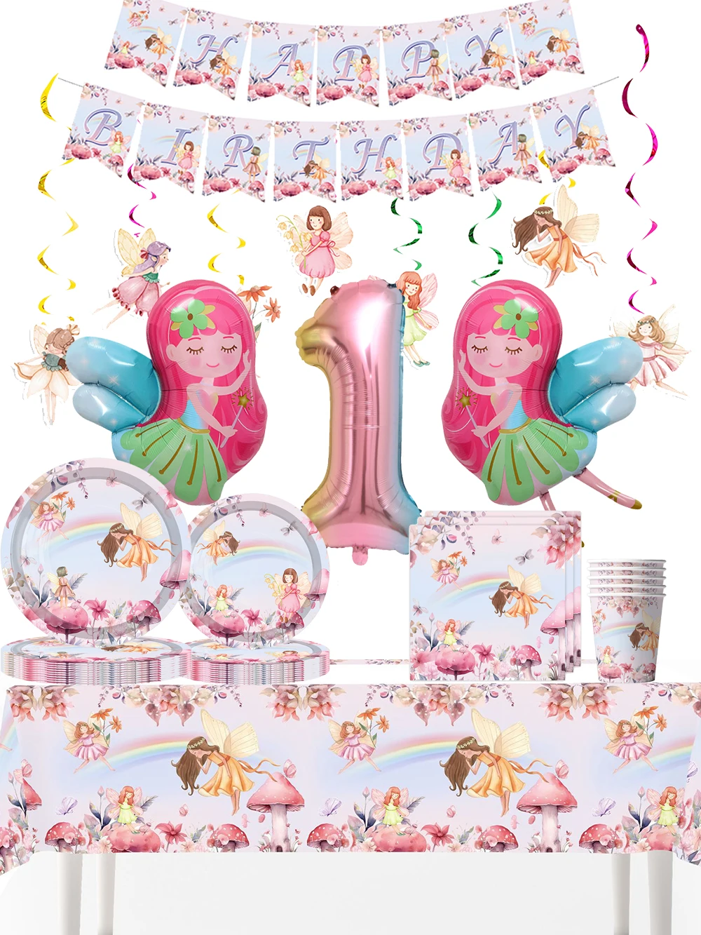 Décoration de fête féerique de fleurs, assiettes en papier, nappe, ballon féerique en aluminium, Coquette de conte de fées, fournitures de décoration d'anniversaire