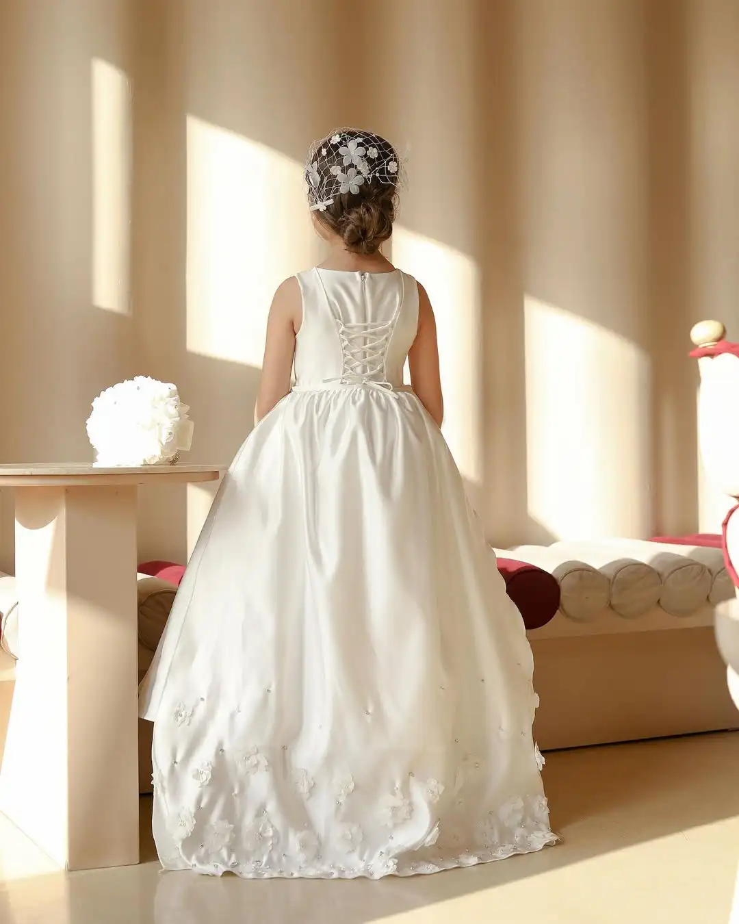 BABYONLINE Customized Communion Dress Toddler Girl Cap Sleeve Crystal Pearl Stones Full Satin Floor-length Skirt Ball Gown Wedd