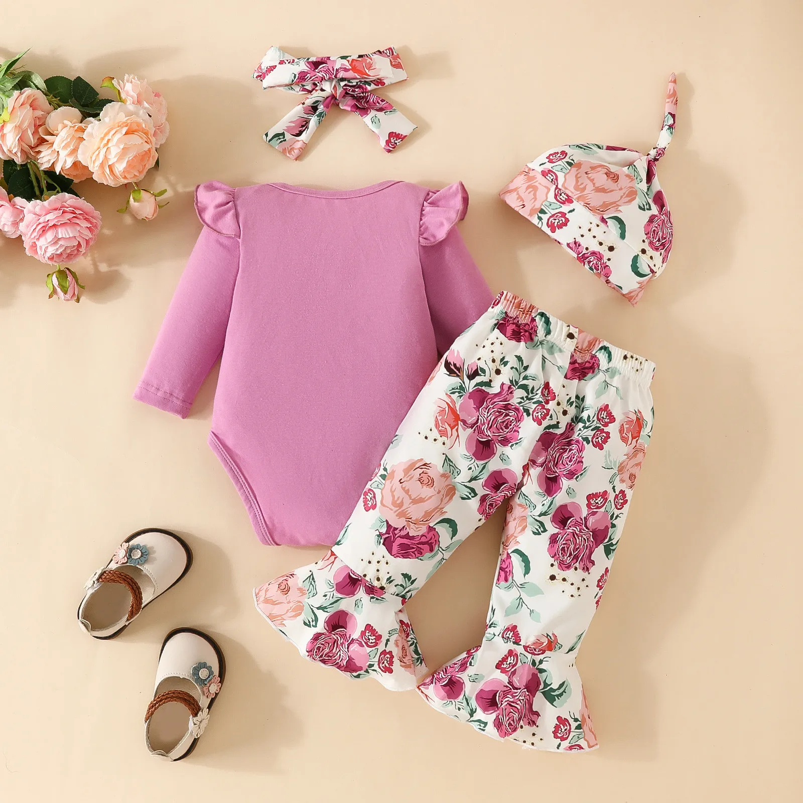 4Pcs Newborn Baby Clothes Girls Cotton Ruffle Letter Romper+Pants+Hairband+Hat Set Infant Baby Outfit Girls Clothing 3 6 12 24M