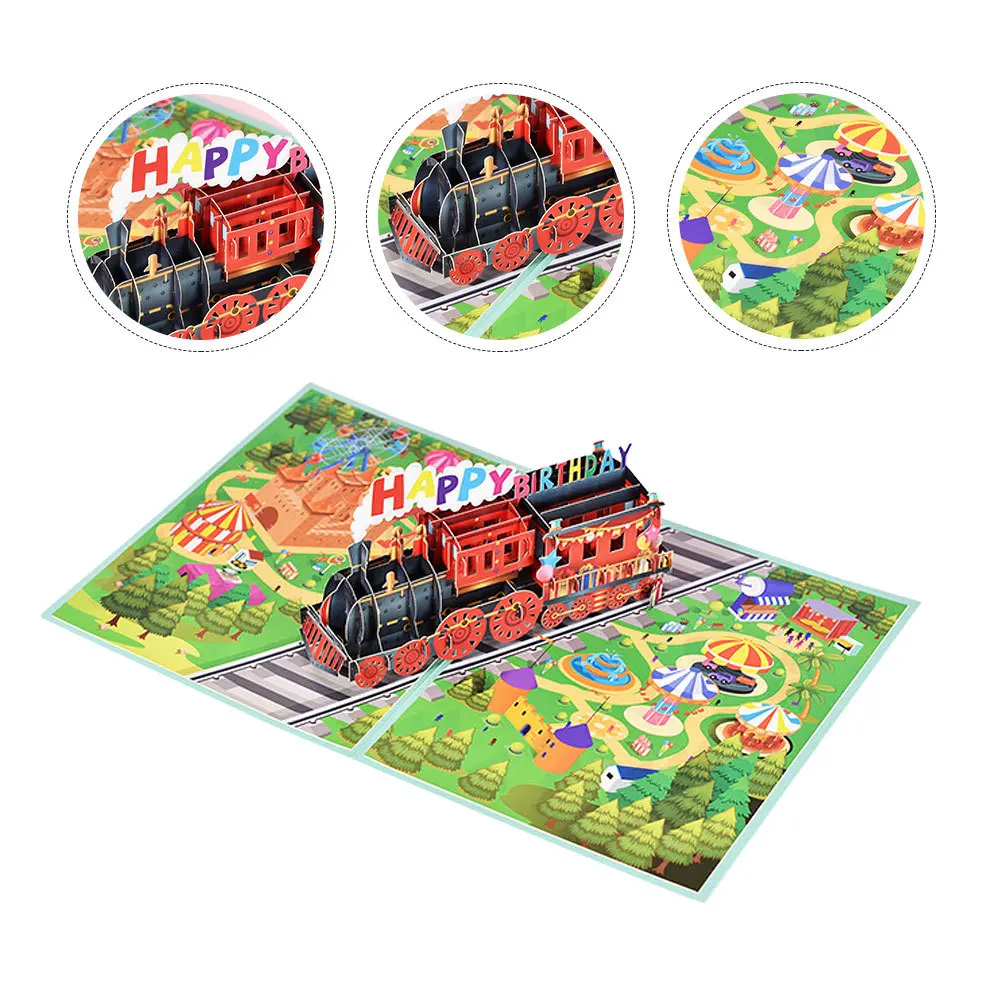 

1Set 3D Birthday Greeting Card Train Design Handmade Pop-Up Paper Blessing Card Festival -Up Cards
