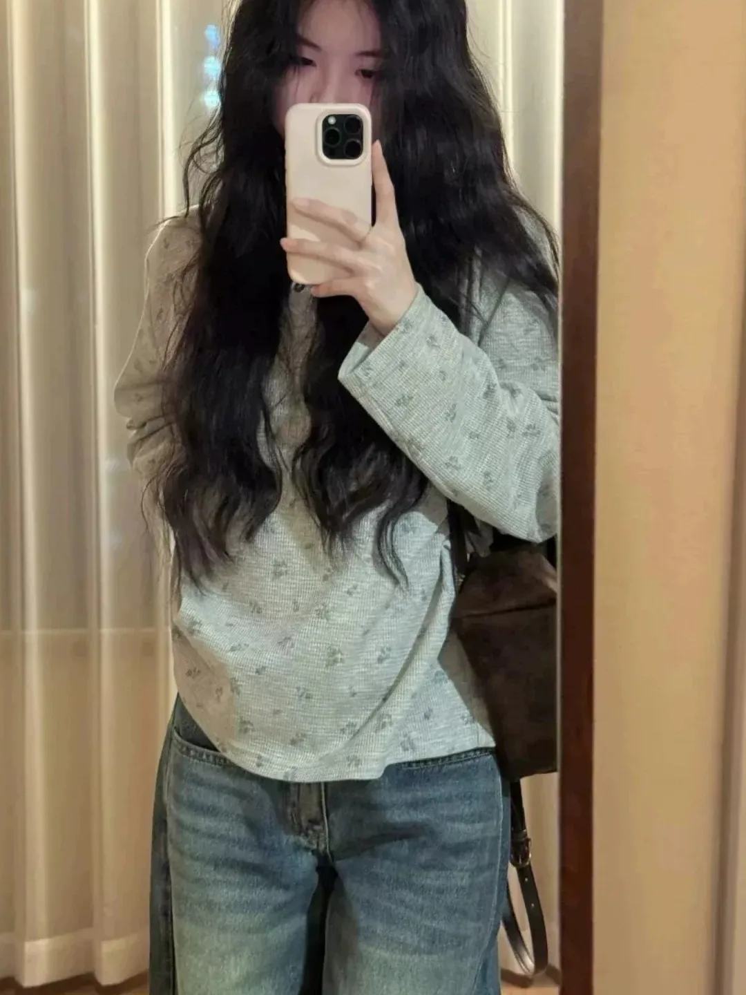 Loose Long Sleeve Henry Collar T-Shirt Women's Autumn New Style Floral Print Base Layer Top Korean Style Slimming Effect