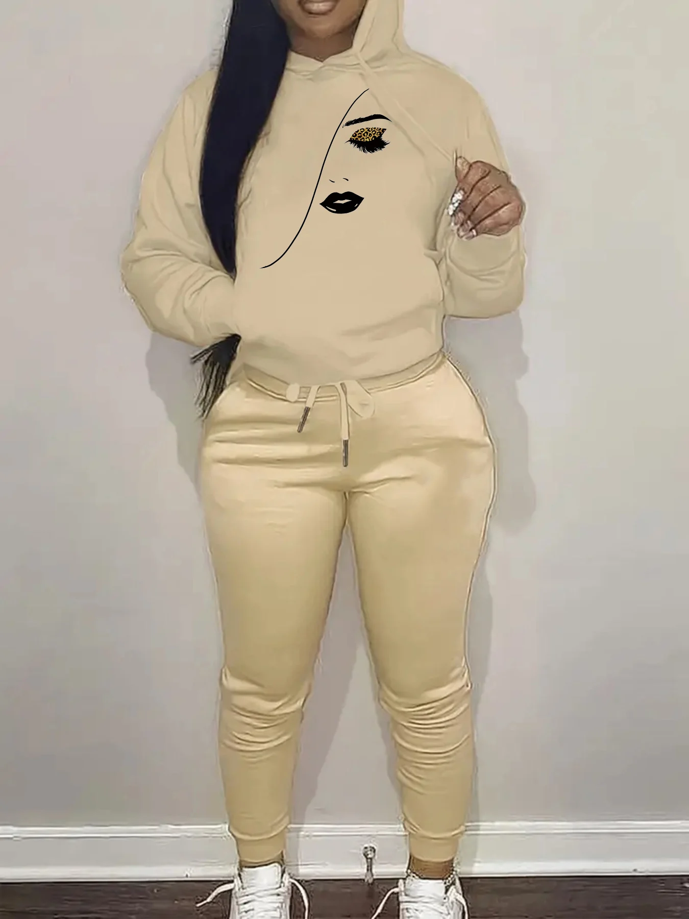 Conjunto de sudadera con capucha gruesa y cálida con estampado de ojos y pestañas informales a la moda para otoño e invierno para mujer + conjunto de pantalones deportivos