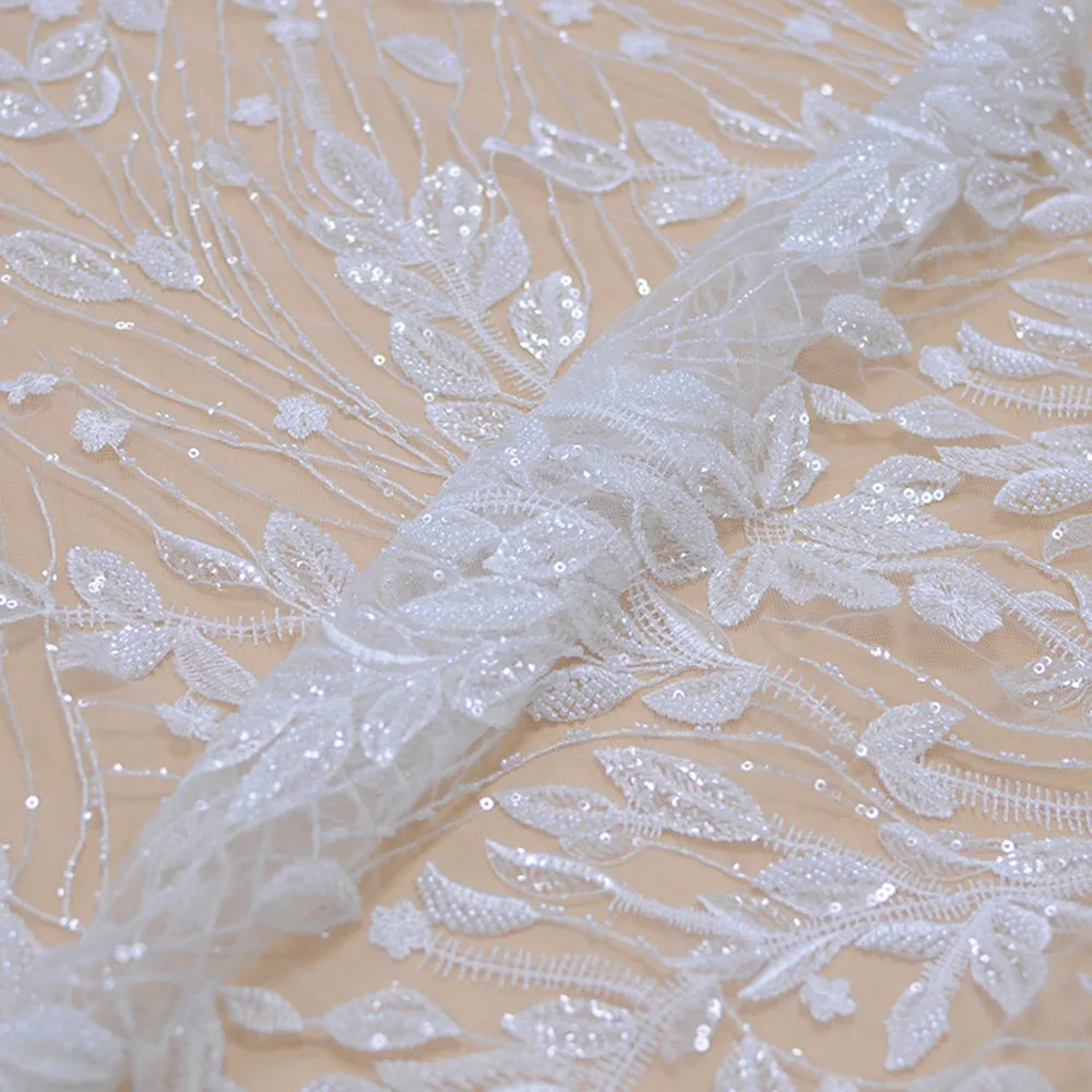 Luxury 5yard sequins beaded lace fabrics for wedding dresses DIY sewing flower embroidered appliques lace fabric for bridal gown