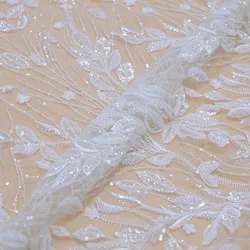 Luxury 5yard sequins beaded lace fabrics for wedding dresses DIY sewing flower embroidered appliques lace fabric for bridal gown