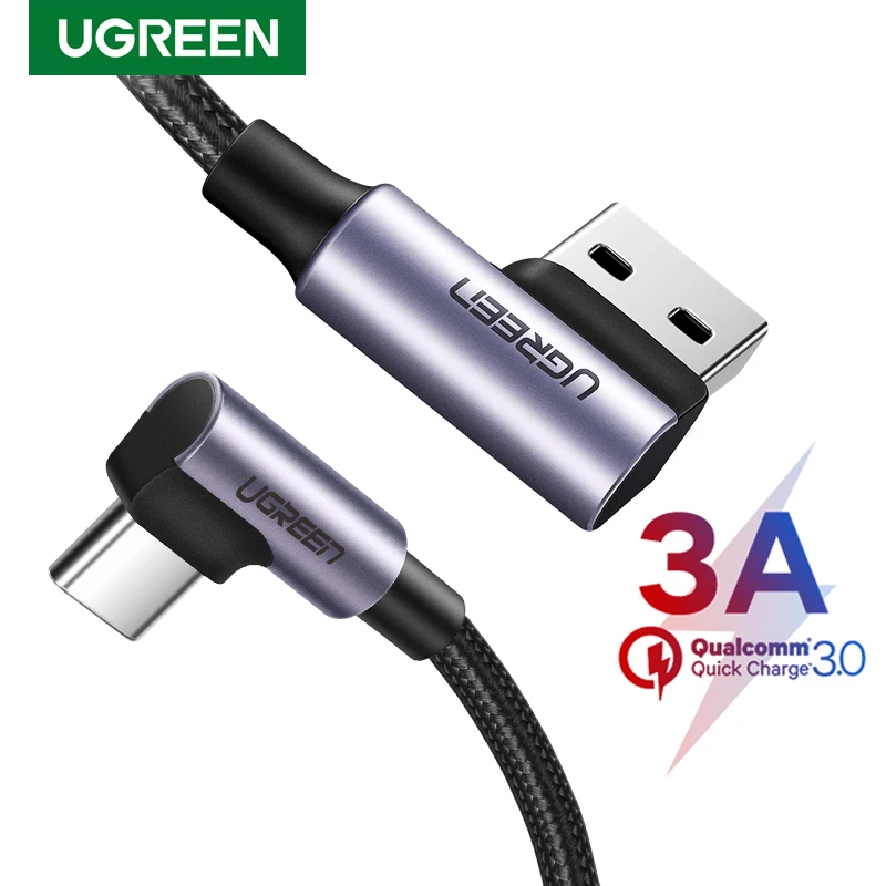 Ugreen 3A USB Type C Cable Quick Charge 3.0 90 Degree USB C Cable For Samsung S20 Xiaomi Poco X3 pro Mobile Phone Fast Charger