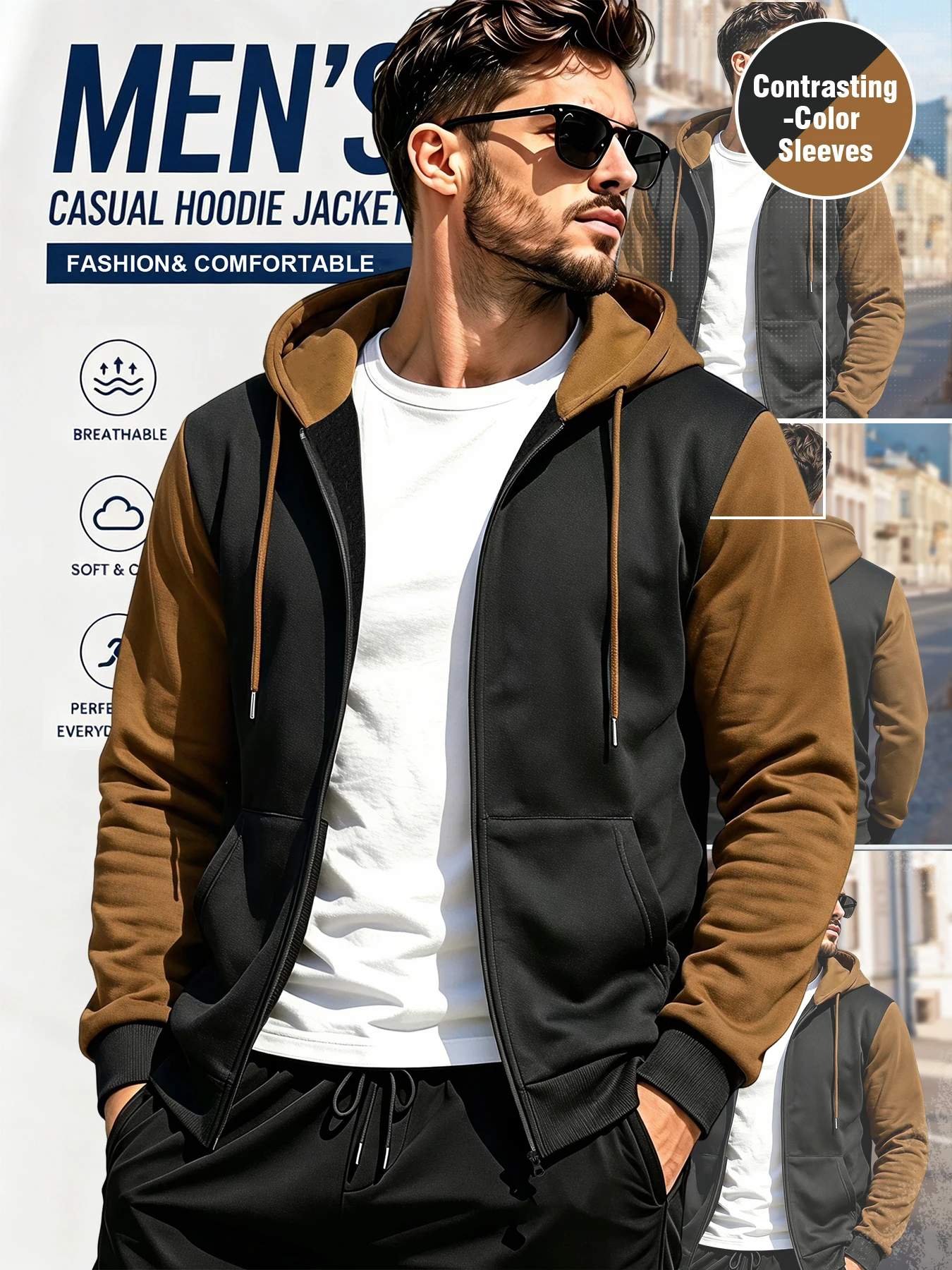 Men Color Block Full Zip Hooded Sweatshirt Raglan Sleeve Drawstring Hoodie Jacket Kangaroo Pocket Casual Street Outerwear