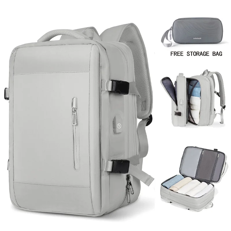 Expandable travel backpack, separate compartment for 15.6-inch laptop, approved for air travel size, 2 sets of storage bags incl