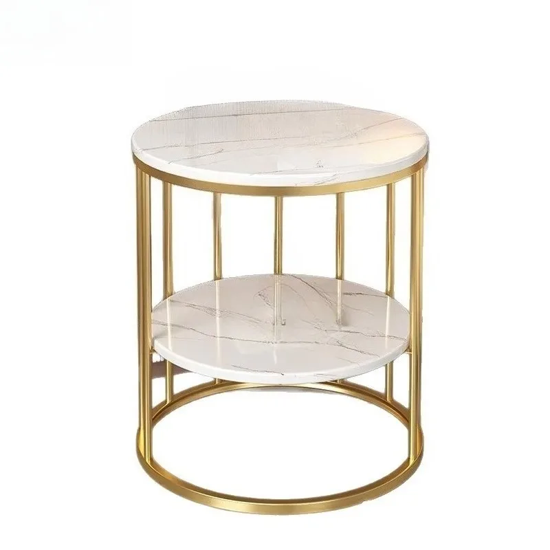 Modern round coffee table, black metal base, white marble pattern desktop, suitable for living room home decoration