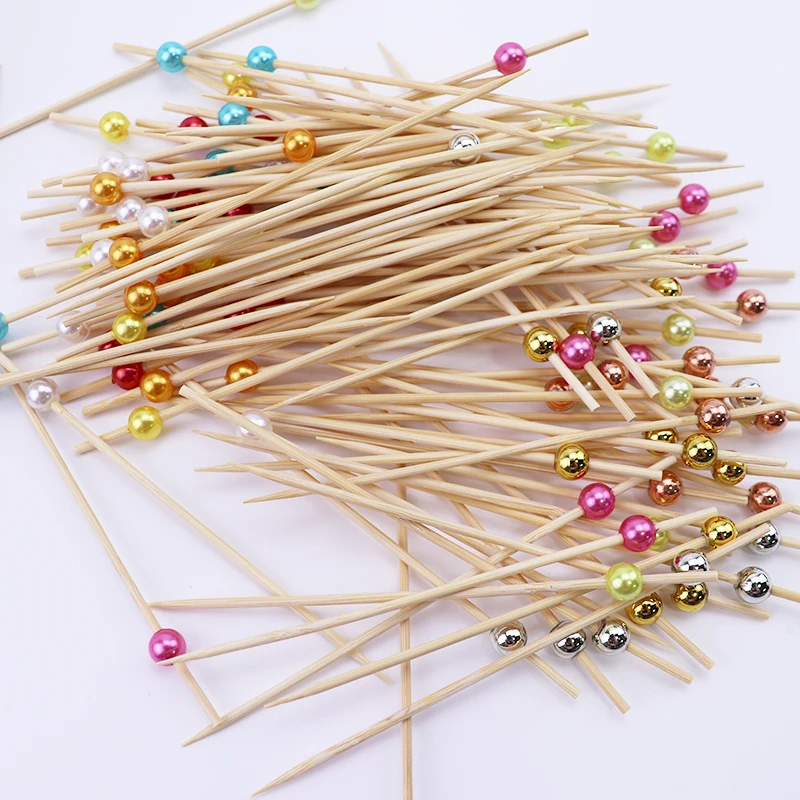 100Pcs White Pearl Bamboo Food Fruit Picks Wedding Party Disposable Cake Dessert Cocktail Sticks Buffet Cupcake Toothpick Skewer