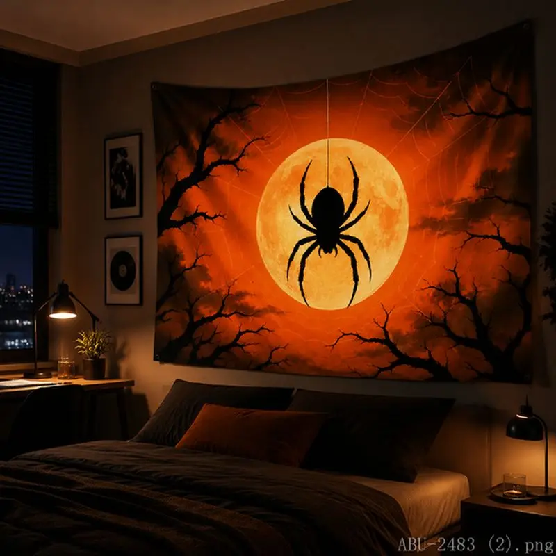 VIKAMA Orange Pattern Skeleton Spider Web Dead Tree Bat Tapestry Living Room Festival Party Background Horror Room Decoration