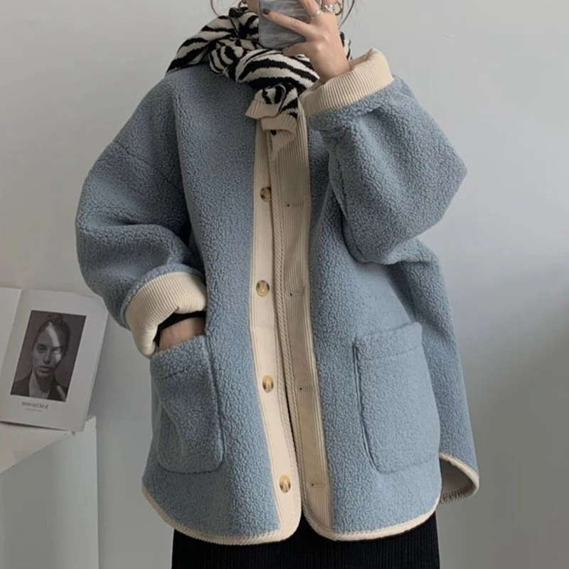 Hdspq Contrast Vintage Lamb Wool Jacket Women Fashion O-Neck Single Breasted Plush Coats Woman 2023 Autumn Winter Warm Outerwear