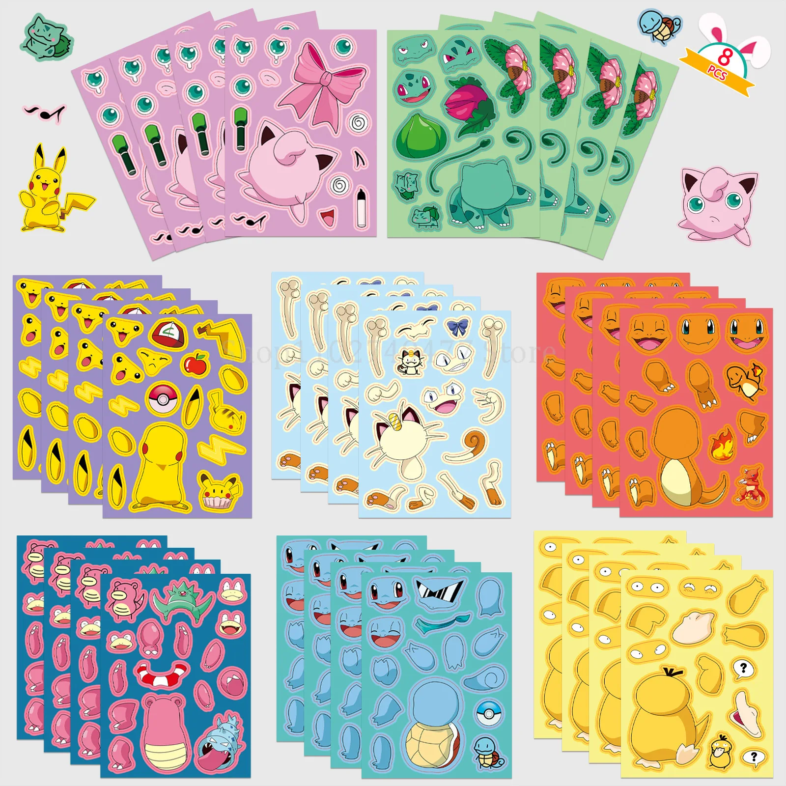 8pcs Pokemon Children's Stickers Cute Cartoon Pikachu Series Face Changing Puzzle Boys Girls Make a Face DIY Sticker kid Gift