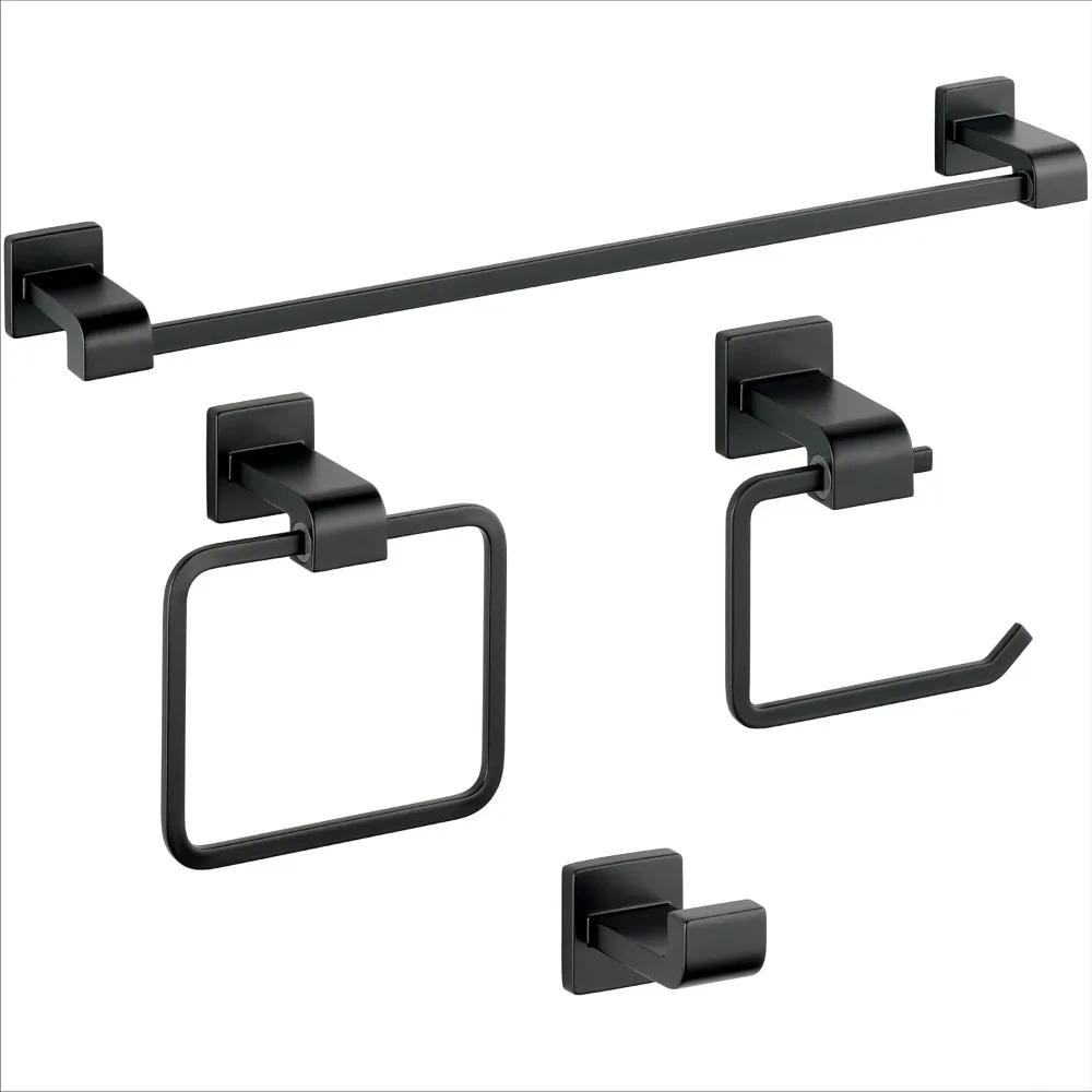 Stainless Steel 4-Piece Bathroom Hardware Set: 24-inch Towel Bar, Toilet Paper Holder, Towel Ring, and Towel Hook