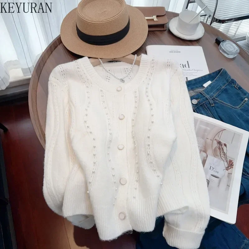 2024 Spring Autumn Knitted Cardigan Women Fashion Casual O-neck Long Sleeve Single Breasted Peals Beading Sweater Knitwear Tops