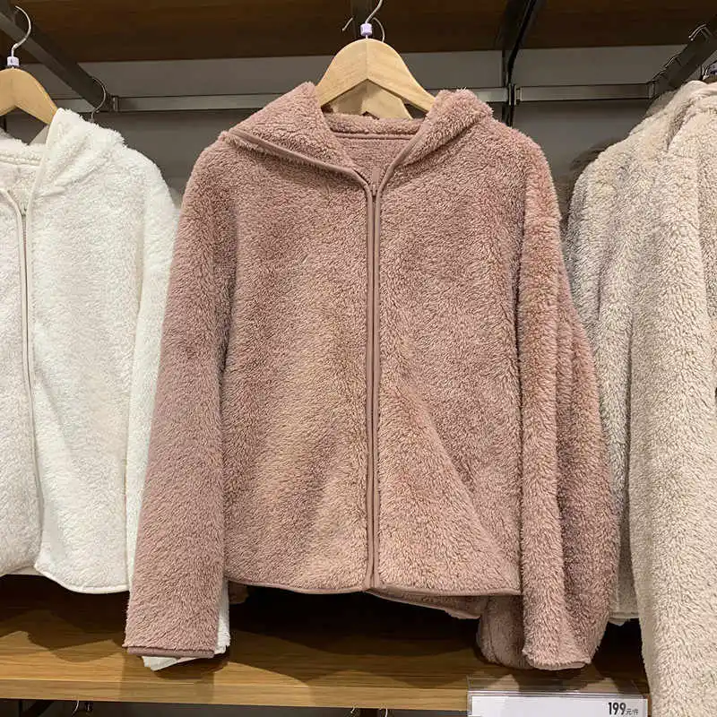 

Женские пальто из кораллового флиса с капюшоном, осенние новые теплые флисовые куртки с длинными рукавами и молнией, простая повседневная короткая домашняя одежда