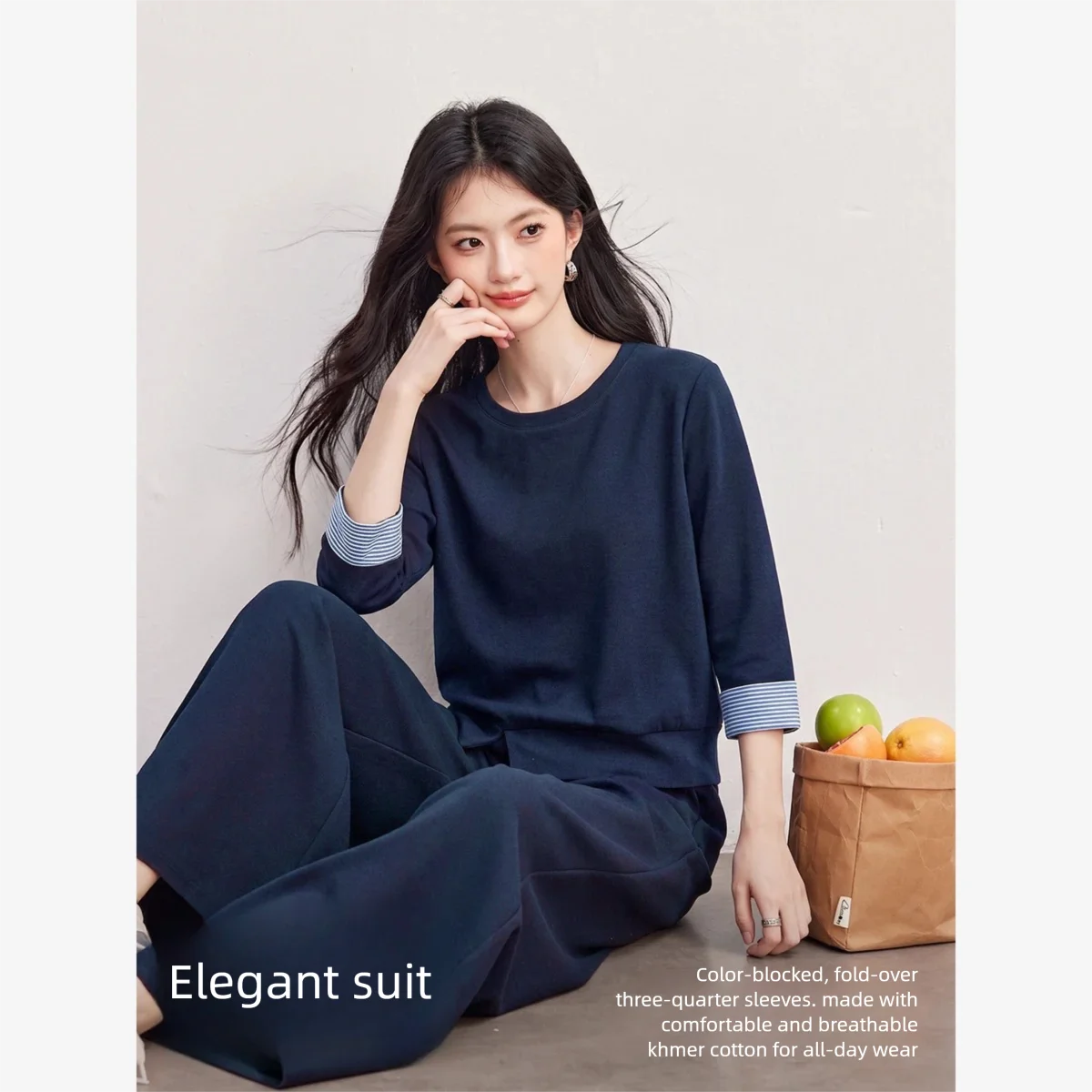 VIMLY Fashion Casual Sports Suit Women Fall 2026 New Contrast Color 3/4 Sleeve T-shirt Top Wide-leg Pants Two-piece Set A7203