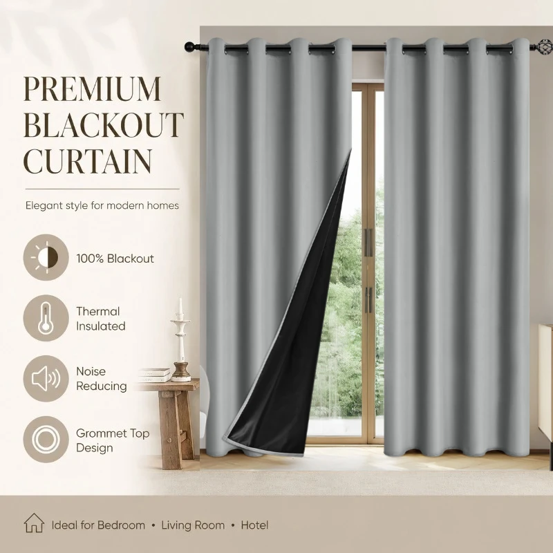 1pc Soft Hook lHeat Insulation Grey 100% Blackout Curtains for Living Dining Room Bedroom Thermal Lining Window Decor Fabric