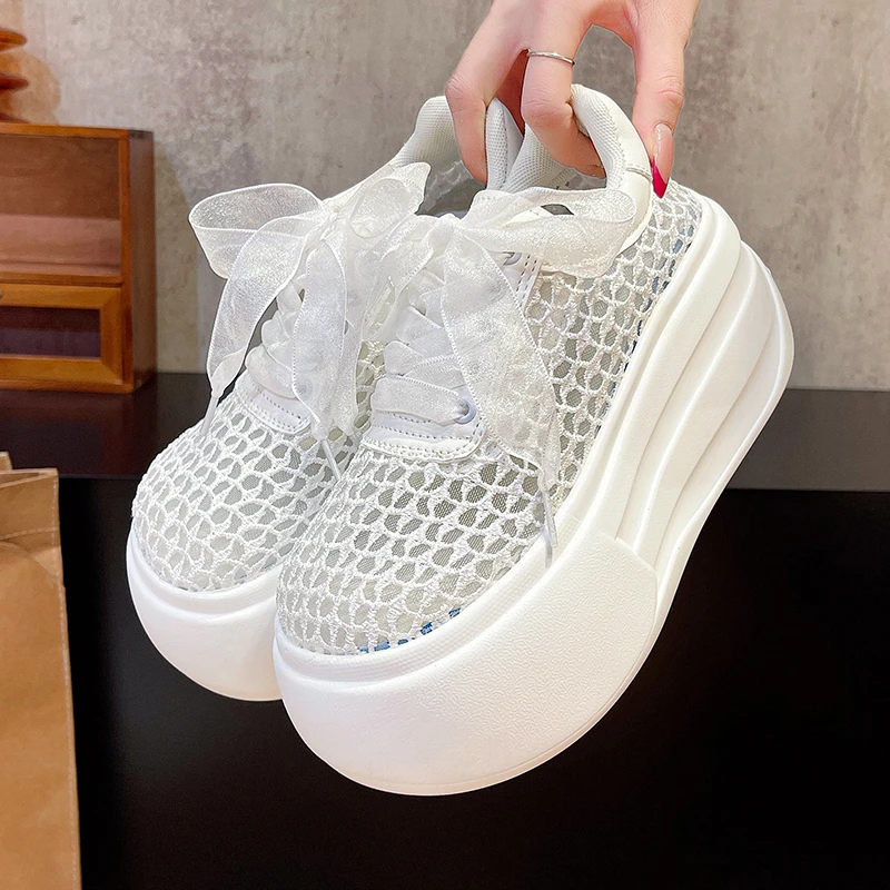

7CM Women's Platform Slip-On Shoes Thick Bottom New Summer Hollow Leather Chunky Sneakers Breathable Outdoor High Heels Sandals