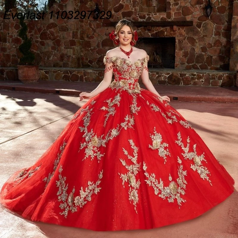 EVLAST Customized Mexican Red Quinceanera Dress Ball Gown Gold Floral Applique Beading Corset Sweet 16 Vestidos De Anos TQD734