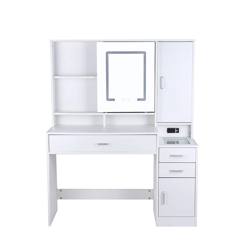 High Efficiency White Moveable Mirror And Lights 3 Color Lighting Modes Dressing Table With Drawers For Bedroom