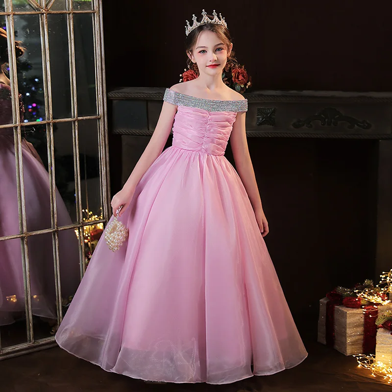 Abito da sposa senza maniche pieghettato senza maniche con scollo monospalla per ragazze, abito elegante per bambini, compleanno/personalizzato