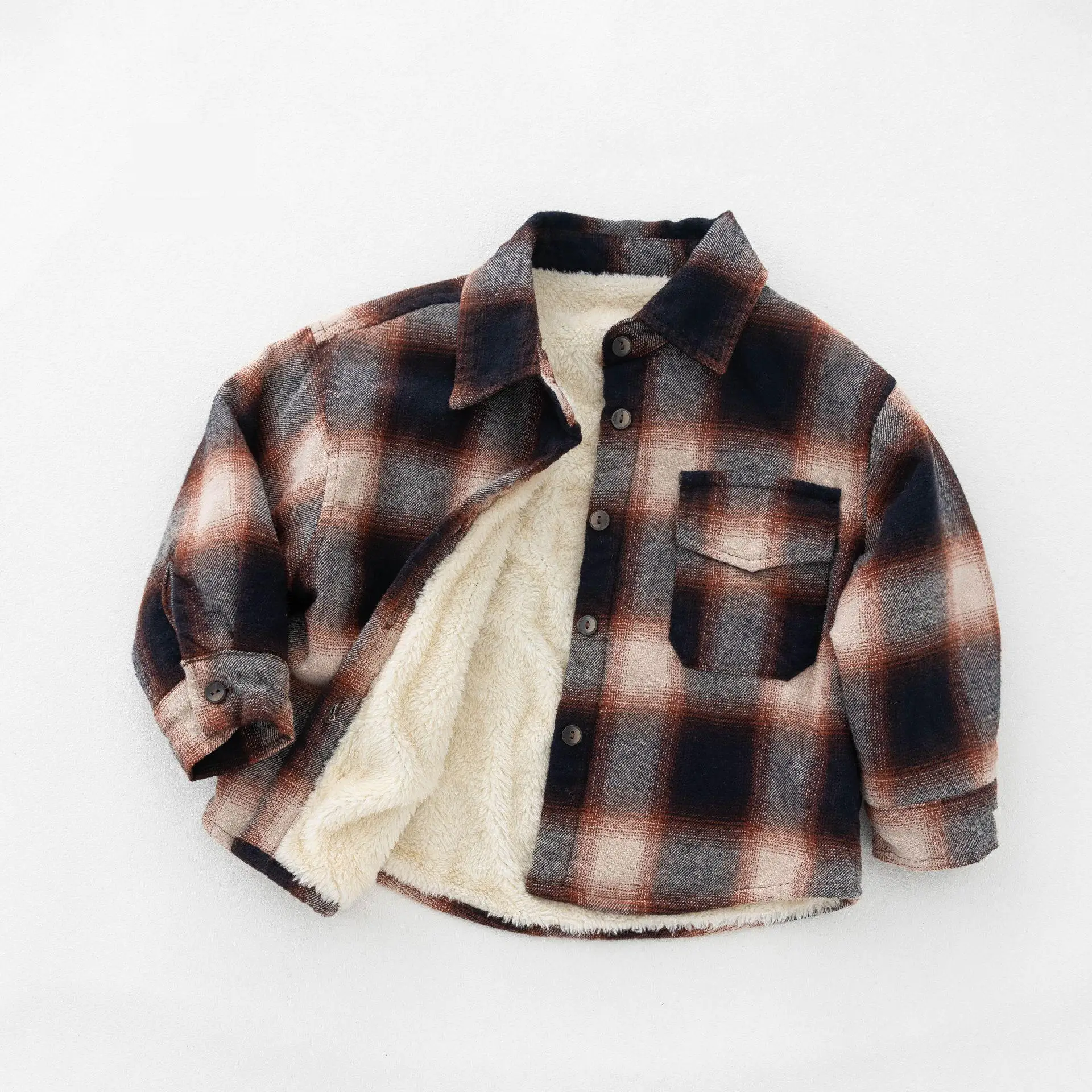 2026 Winter New Children Plus Velvet Thick Plaid Shirts Coat Boys Girls Lapel Padded Jacket Kids Warm Fleece Windproof Outerwear