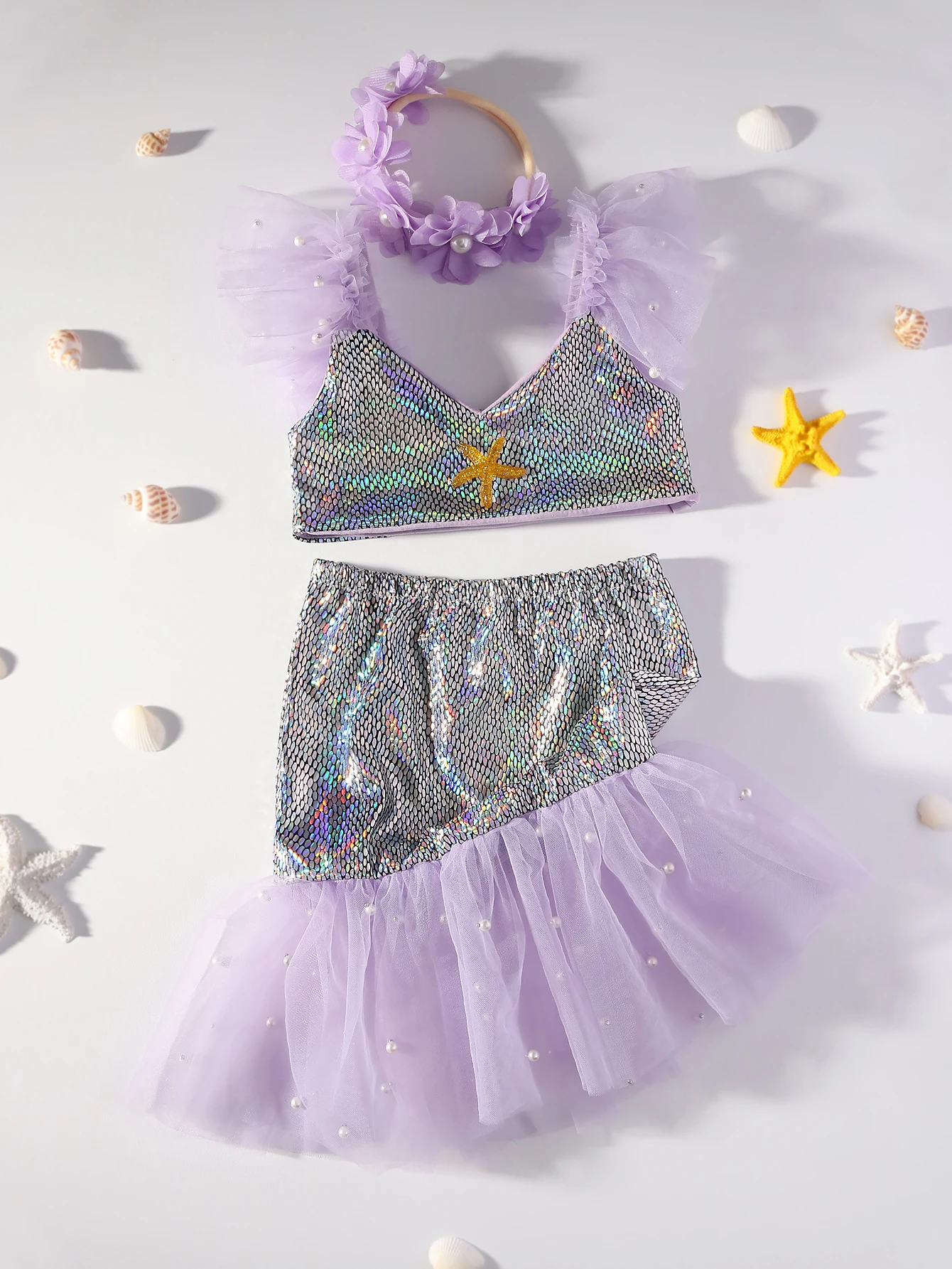 Ylsteed 3Pcs Newborn Photography Props Costume Purple Glitter Mermaid Tail Outfit With Headband Baby Photo Shooting Clothing-HD