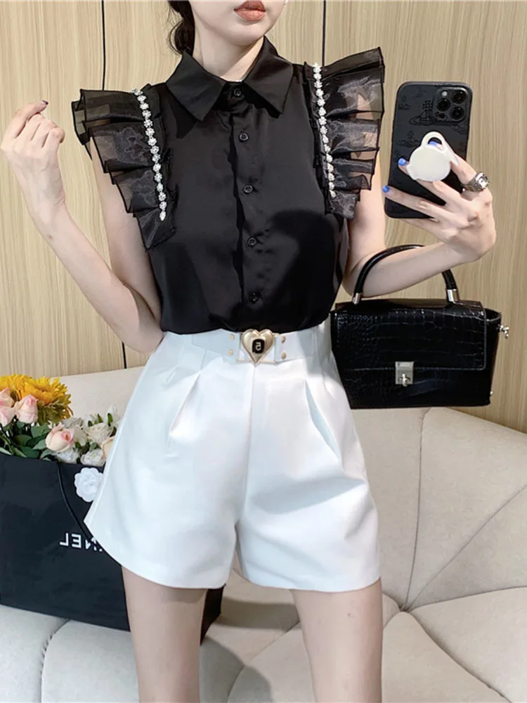 Summer French Ruffled Flying Sleeve Shirt Women\'s 2024 New White Polo Collar Nail Diamond Stitching Waisted Slim-Fit Sexy Top