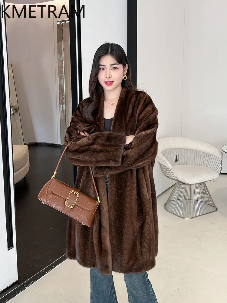 Jaqueta de Pele de Mink 100% Natural de Grau Veludo KMETRAM para Mulheres, Casaco de Pele Real com Decote em V, Roupas de Inverno Femininas 2026