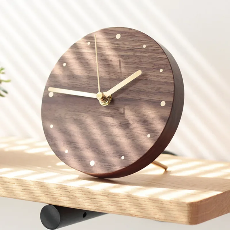 Black Walnut Round Desk Clock, Nordic Minimalist, Silent, Desktop Ornament, Modern Wooden Timepiece for Home, Office Decor