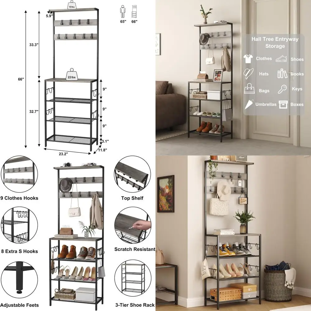 

5-Tier Shoe and Coat Rack with 9 Hooks, Freestanding Organizer for Entryway or Bedroom, Grey