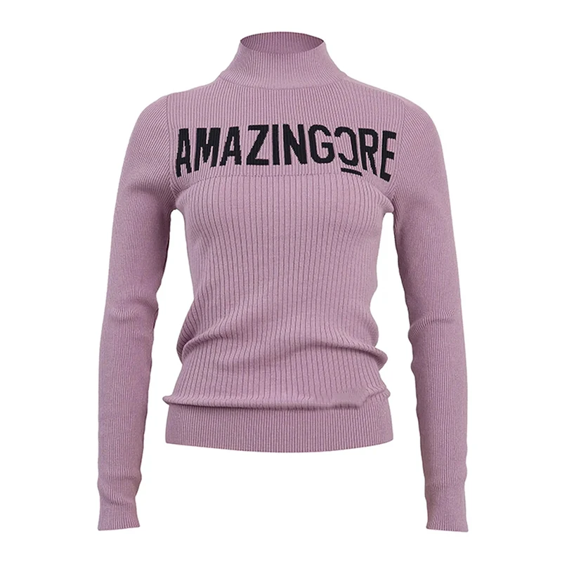 Women's English Letter Printed Golf Sweater, Stand Up Collar Top, Slimming Clothing, Spring and Autumn, New