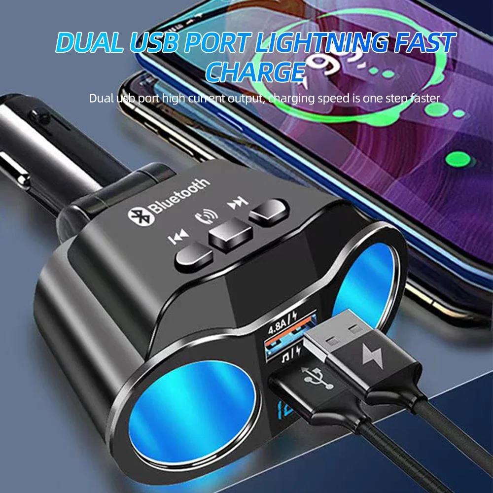 Car Cigarette Lighter Splitter Charger Dual USB QC 3.0 Quick Charge 12V Auto FM Transmitters Bluetooth Hands-free Call Sockets