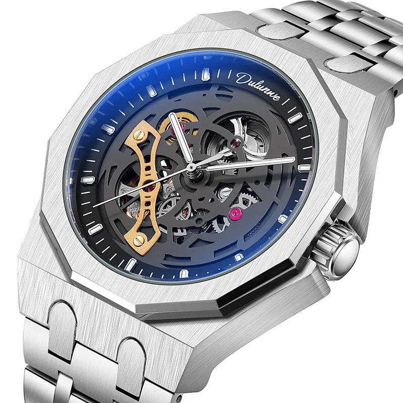 Dulunwe Men Automatic Mechanical Watch Octagonal Skeleton Dial Steel Strap Luminous Waterproof Wristwatch