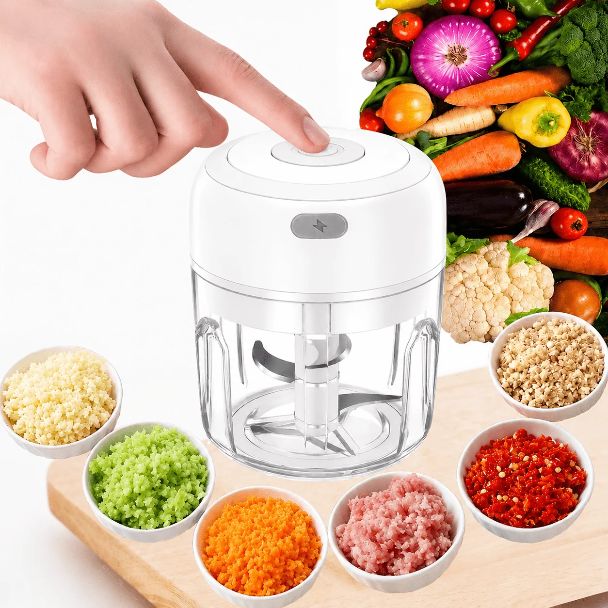 Trituradora de ajo eléctrica, picadora de alimentos portátil (con cuchilla para picar carne), picadora de verduras, procesador de alimentos pequeño, adecuado para pasta de ajo, puré de alimentos, cebollas, hierbas, verduras, jengibre, mezclador de jugos y picador de tomate para cocina