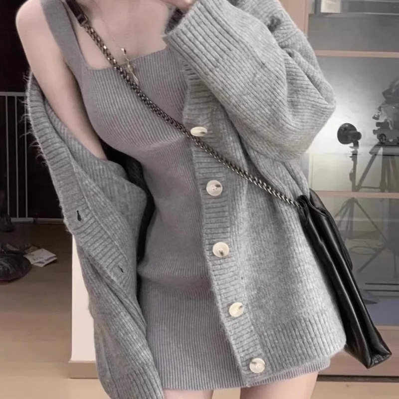 Fall Knitted Sweater And Dress Set Women's Two-Piece Ensemble Short Size Autumn Outfit Complete Set V-Neck Long Sleeve