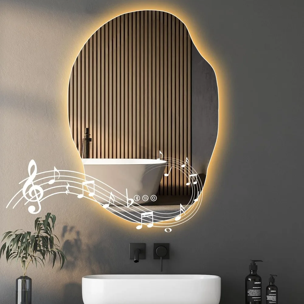 

Светодиодное зеркало для ванной комнаты, зеркала с подсветкой 25x35 дюймов, зеркало с подсветкой и Bluetooth-динамиком, противотуманное, функция памяти, 3-цветное Te