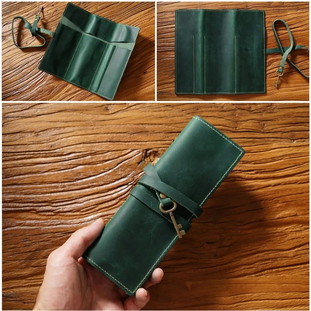 

Genuine Leather Genuine Leather Pencil Case Tie Rope Pens Bag Foldable Leathe Pencil Bag Retro Creative