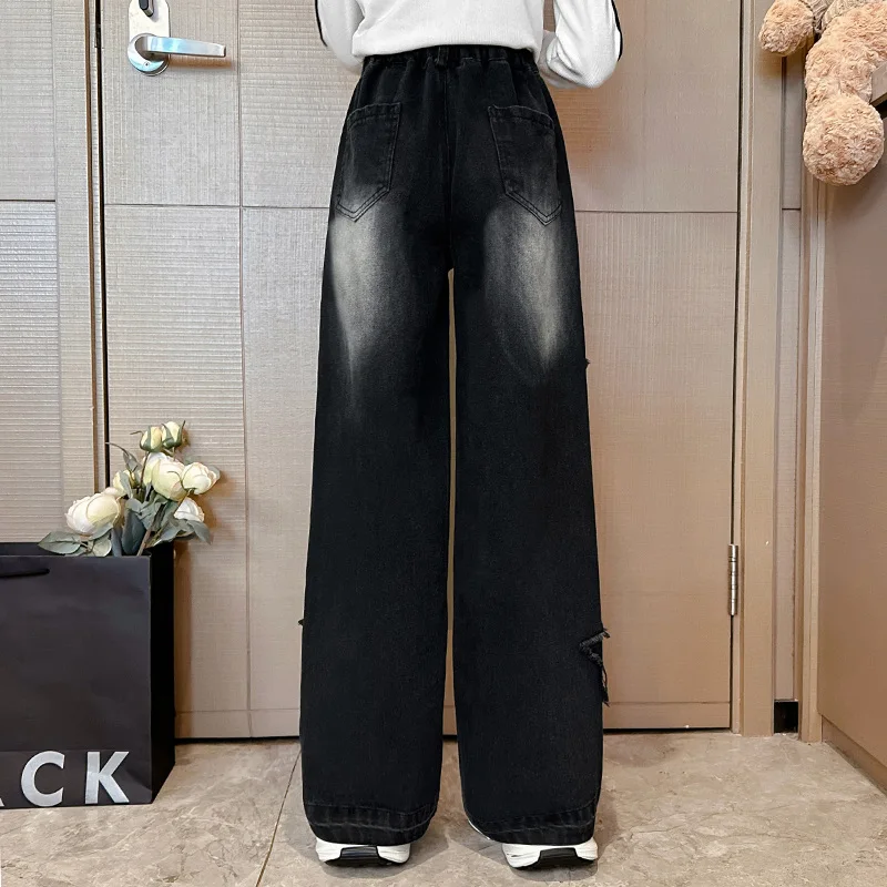 エレガントな子供黒色ジーンズ女の子のためのカジュアルストリートスタイルデニムパンツティーンエイジャー子供ファッションストレートジーンズズボンとスター