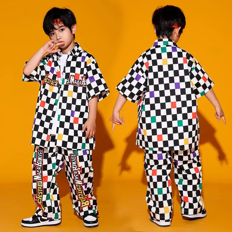 เด็ก Hip Hop แสดงเสื้อผ้า Checkered เสื้อแขนสั้น Street สวมกางเกงสําหรับหญิงแจ๊สเต้นรําเครื่องแต่งกายชุดเสื้อผ้า