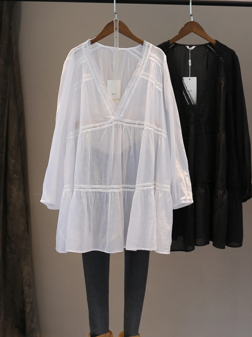 plus Size Loose Long Sleeve V-Neck T-Shirt Women Summer 2025 Breathable Lightweight Sun Protection Pure Color Commute Style